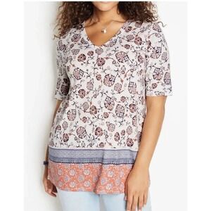 J Jill | Pima V Neck Elbow Sleeve Bisque Tapestry Floral Tunic Top Size XS Beige